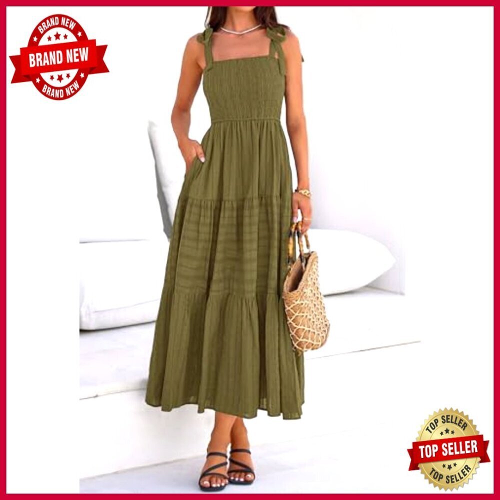 Boho Maxi Dress Sleeveless Smocked A-Line Casual Sundress with Pockets - Picture 4 of 7